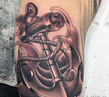 梦幻般3D黑白船锚和海浪手臂纹身图案