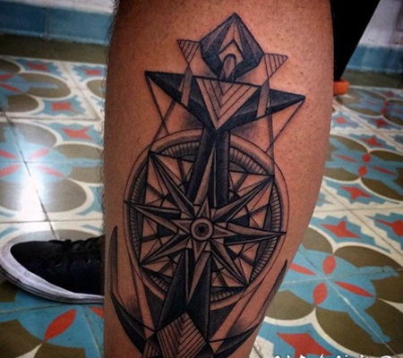 小腿未来设计的彩色船锚3D纹身图案