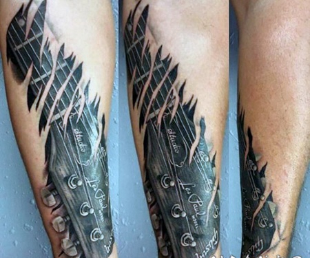 手臂撕皮黑白3D吉他纹身图案