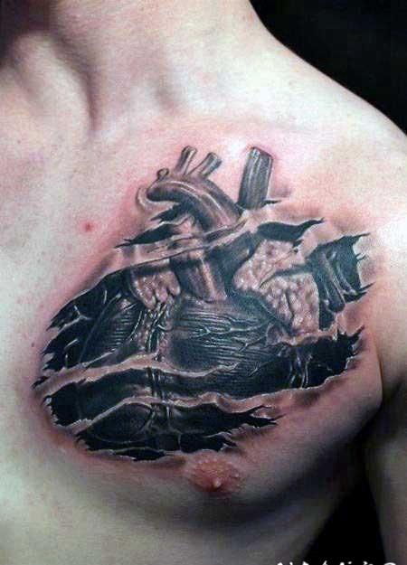 胸部非常华丽逼真的3D撕皮心脏纹身图案