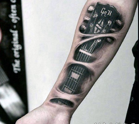 手臂3D黑白写实吉他撕皮纹身图案