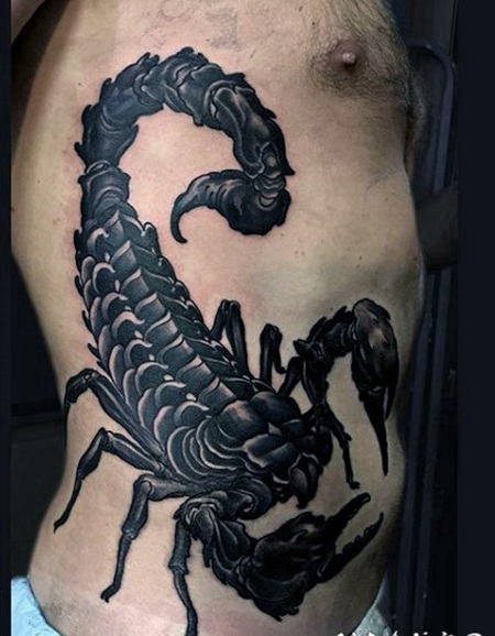 侧肋黑色的3D蝎子纹身图案