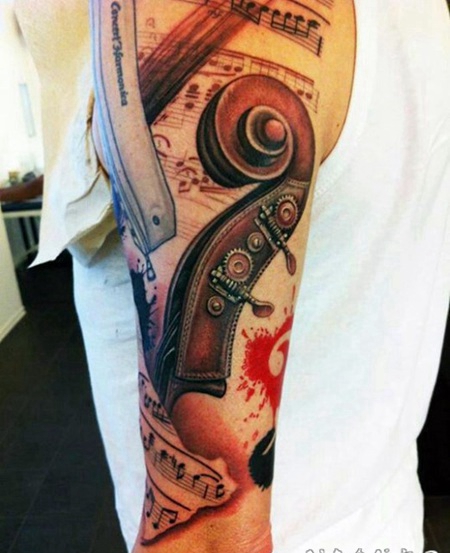 3D写实的音乐乐器和音符手臂纹身图案