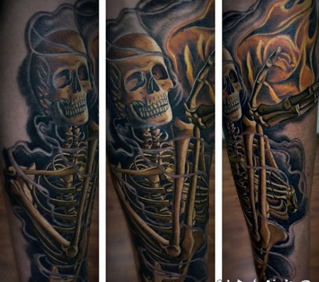 小腿3D彩色的骷髅骨架纹身图案