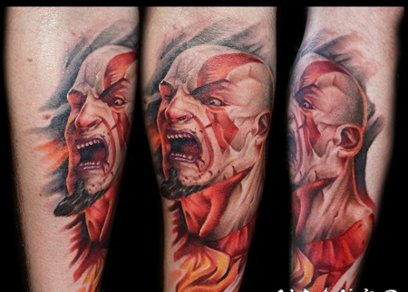 难以置信的3D彩色邪恶男性肖像纹身图案