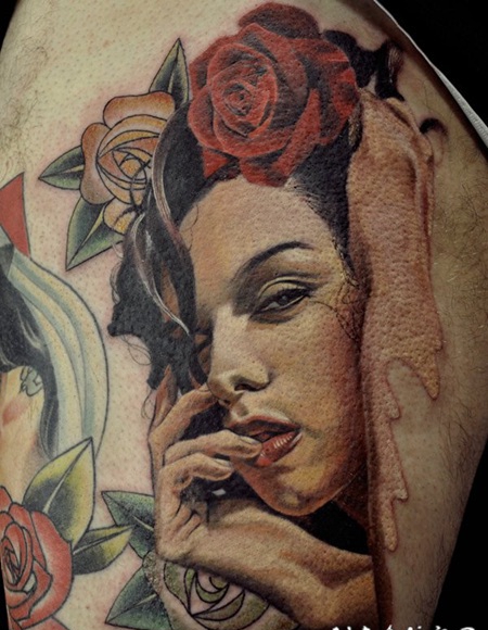 3D风格彩色的女子肖像与美丽的玫瑰纹身图案