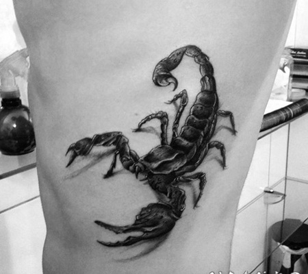 侧肋3D逼真的黑色蝎子纹身图案