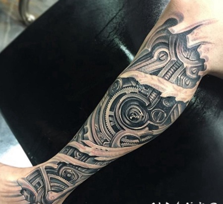 小腿超级逼真的3D生物力学机械纹身图案