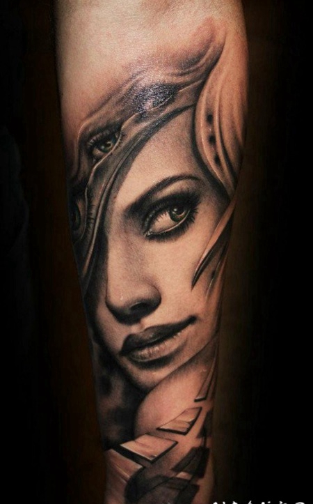 手臂3D黑色的神秘女性肖像纹身图案