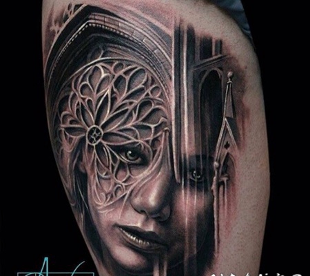 独创3D黑色大教堂和神秘女人肖像纹身图案
