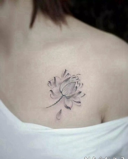 清风送莲香，锁骨处清新莲花纹身图案