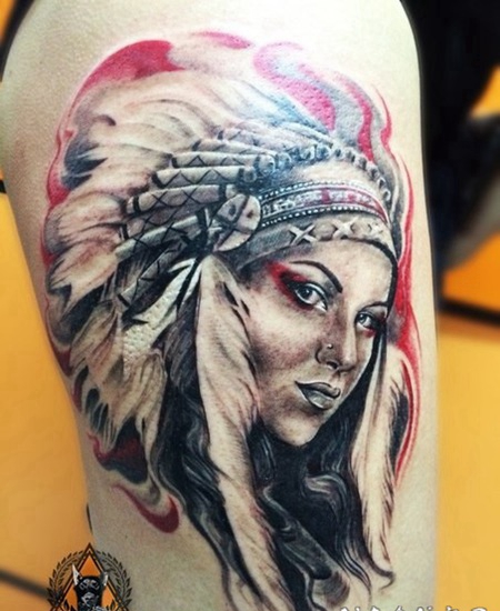 大腿彩色的3D风格印度女人肖像纹身图案