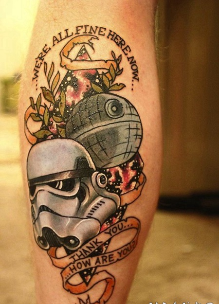 小腿3D漫画风格的星球大战主题纹身图案