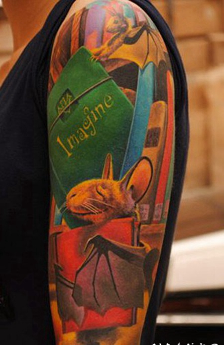 有趣的3D风格卡通彩色书和动物纹身图案