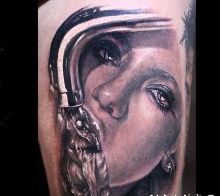 独特设计的3D饮水女人肖像黑灰纹身图案