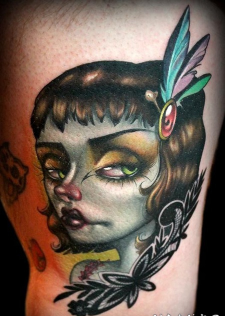 大腿卡通风格的彩色3D女人肖像纹身图案