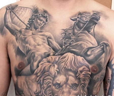 胸部3D彩色的各种古怪雕像纹身图案