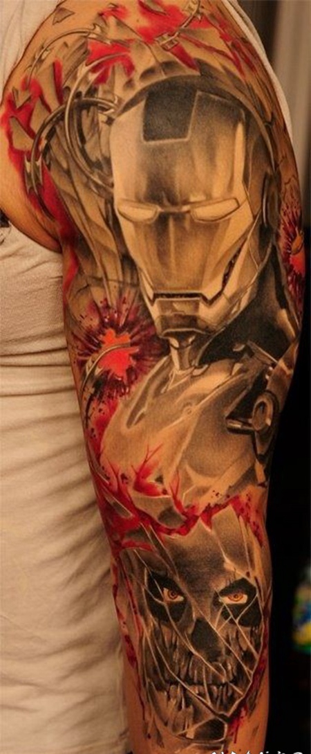 手臂3D逼真的钢铁侠和恶魔骷髅纹身图案