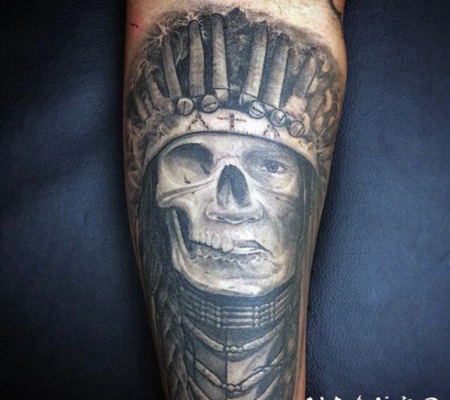 小腿有趣的黑色3D神秘印度人像纹身图案