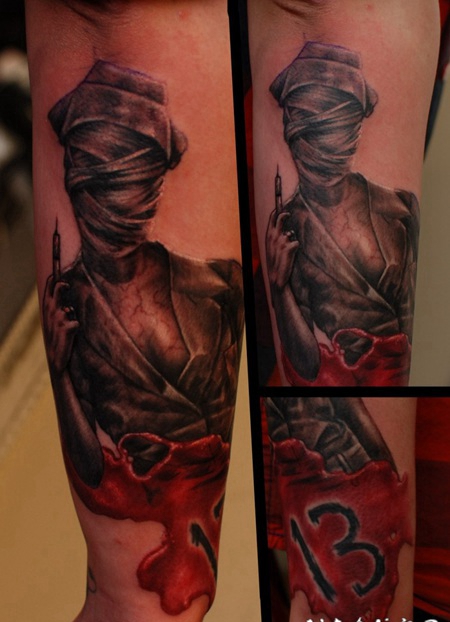 手臂3D风格恐怖护士杀手纹身图案