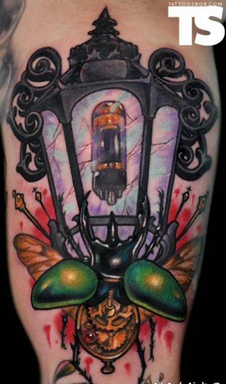 漂亮的3D街灯和昆虫彩色纹身图案