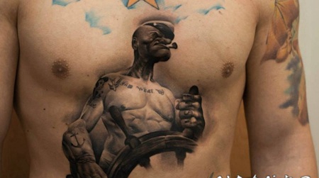 腹部惊人的3D卡通水手肖像纹身图案