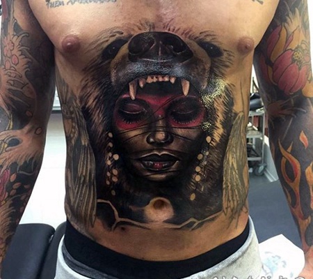 腹部华丽的3D彩色印度女人肖像纹身图案