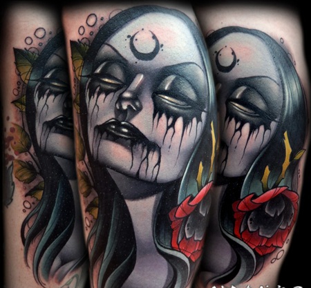 令人难以置信的彩色3D邪恶女巫与花朵纹身图案