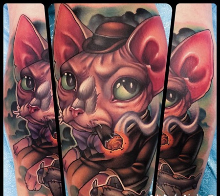卡通风格的3D彩色吸烟绅士猫纹身图案