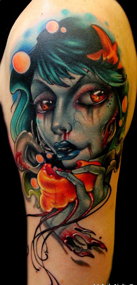 大臂3D彩色的邪恶女巫与头骨纹身图案