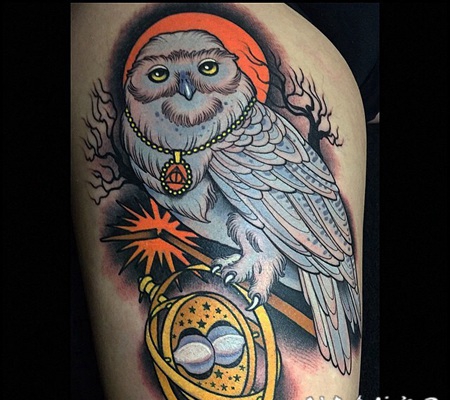 非常神秘的3D猫头鹰大腿纹身图案