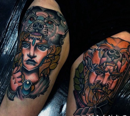大腿old school彩色3D男女肖像纹身图案