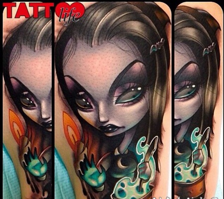 手臂3D风格彩色的神秘女巫纹身图案