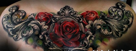 胸部非常酷的3D彩色玫瑰纹身图案