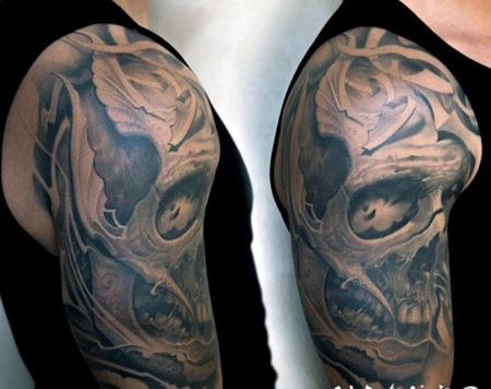 大臂3D黑白自然的骷髅纹身图案