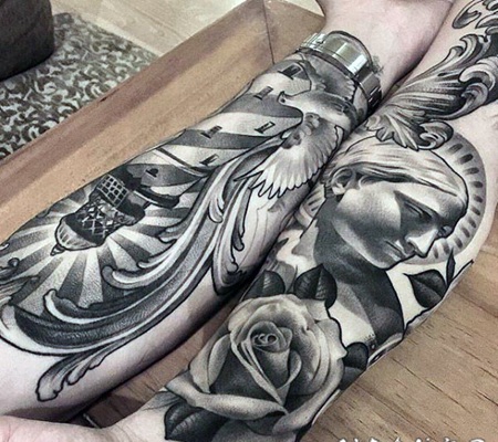 手臂3D风格的灯塔和鸽子雕像纹身图案