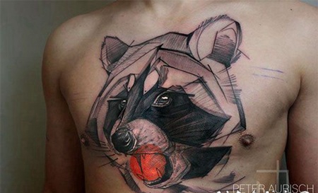 old school胸部3D彩色浣熊纹身图案