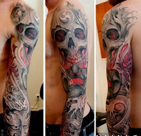 手臂3D骷髅与恶魔面具彩色纹身图案