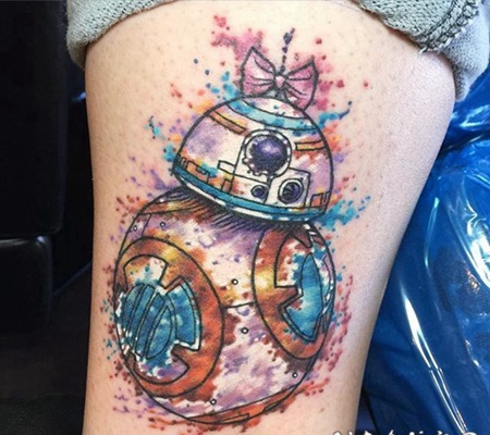 小腿3D彩色的女孩机器人泼墨纹身图案