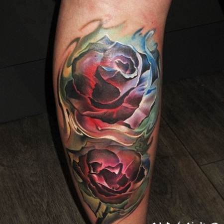 3D风格漂亮的七彩玫瑰花小腿纹身图案