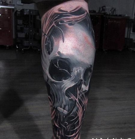 小腿很酷的3D神秘骷髅纹身图案