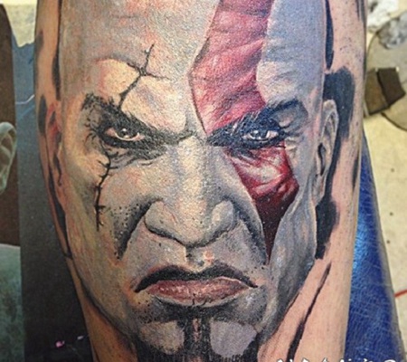 小腿令人敬畏的彩色3D邪恶野蛮人纹身图案