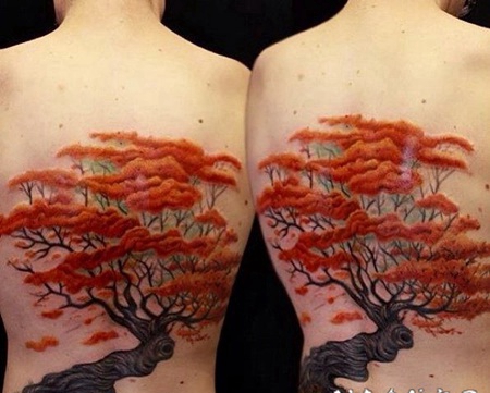 背部非常漂亮的亚洲风格3D彩色树纹身图案