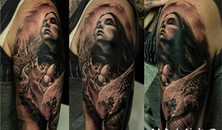 手臂3D彩色的神秘女性肖像纹身图案