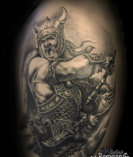 大臂3D黑白战斗维京战士纹身图案