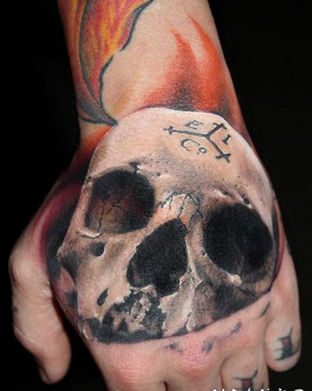 手背3D非常写实的彩色骷髅纹身图案
