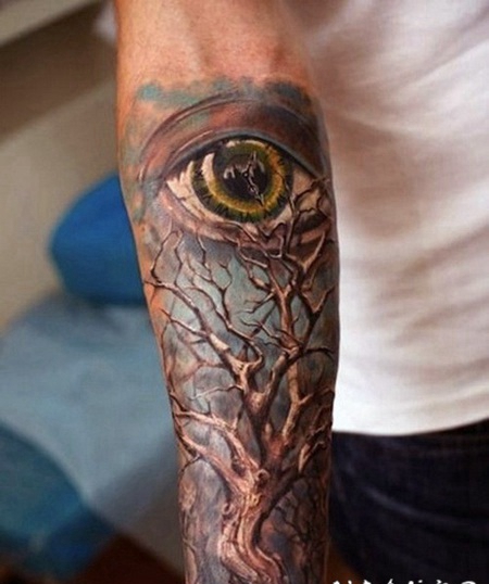 手臂3D彩色孤独的树和眼睛纹身图案