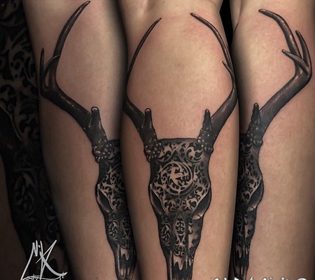 小腿3D动物头骨与部落饰品纹身图案