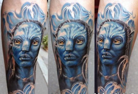 令人难以置信的3D彩色阿凡达肖像手臂纹身图案