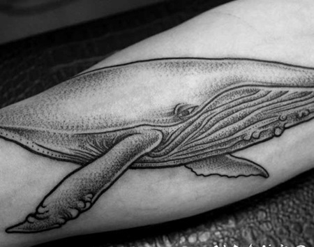 手臂点刺3D风格卡通大鲸鱼纹身图案
